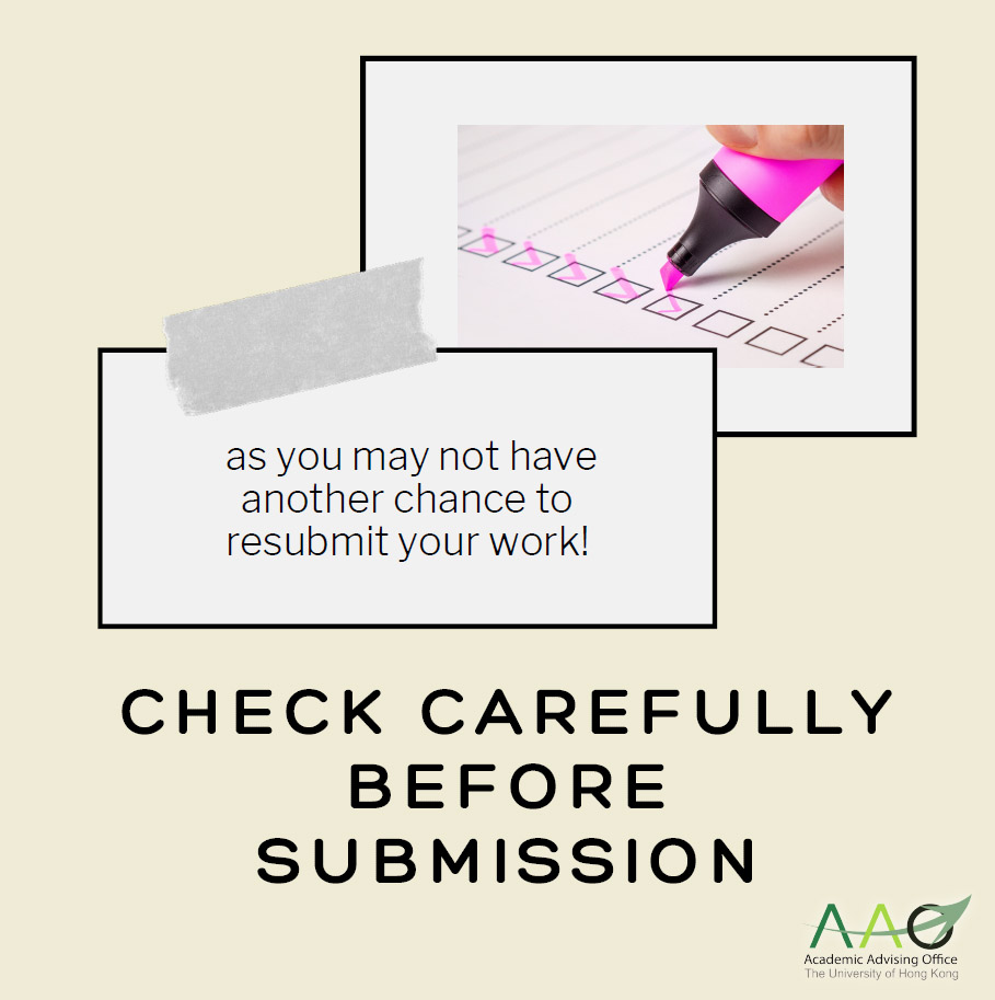 Check carefully before submission as you may not have another chance to resubmit your work!