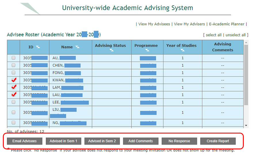 screenshot of where to locate the advisees in University-wide Academic Advising