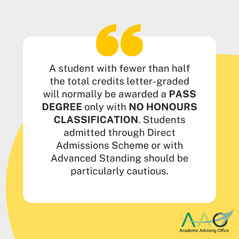 A student with fewer than half the total credits letter-graded will normally be awarded a PASS DEGREE only with NO HONOURS CLASSIFICATION. Students admitted through Direct Admissions Scheme or with Advanced Standing should be particularly cautious.