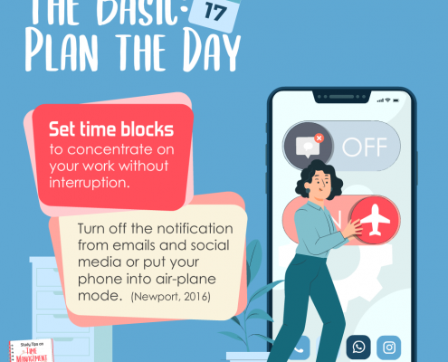 picture of [Time Management] The Basic: Plan the Day. Set time blocks and turn off notifications from emails and social media.