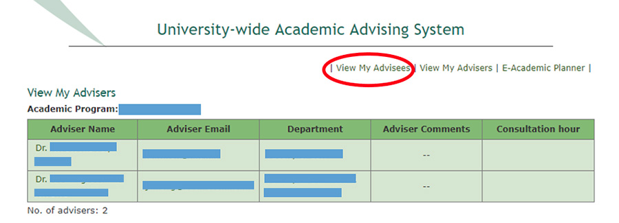 screenshot of where to click 'View My Advisees' in University-wide Academic Advising