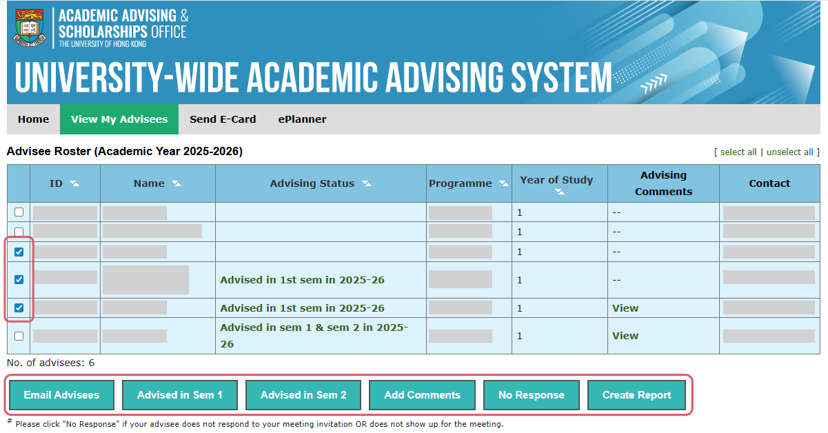 screenshot of 'View My Advisees' page in University-wide Academic Advising screenshot of where to click 'View My Advisees' in University-wide Academic Advising