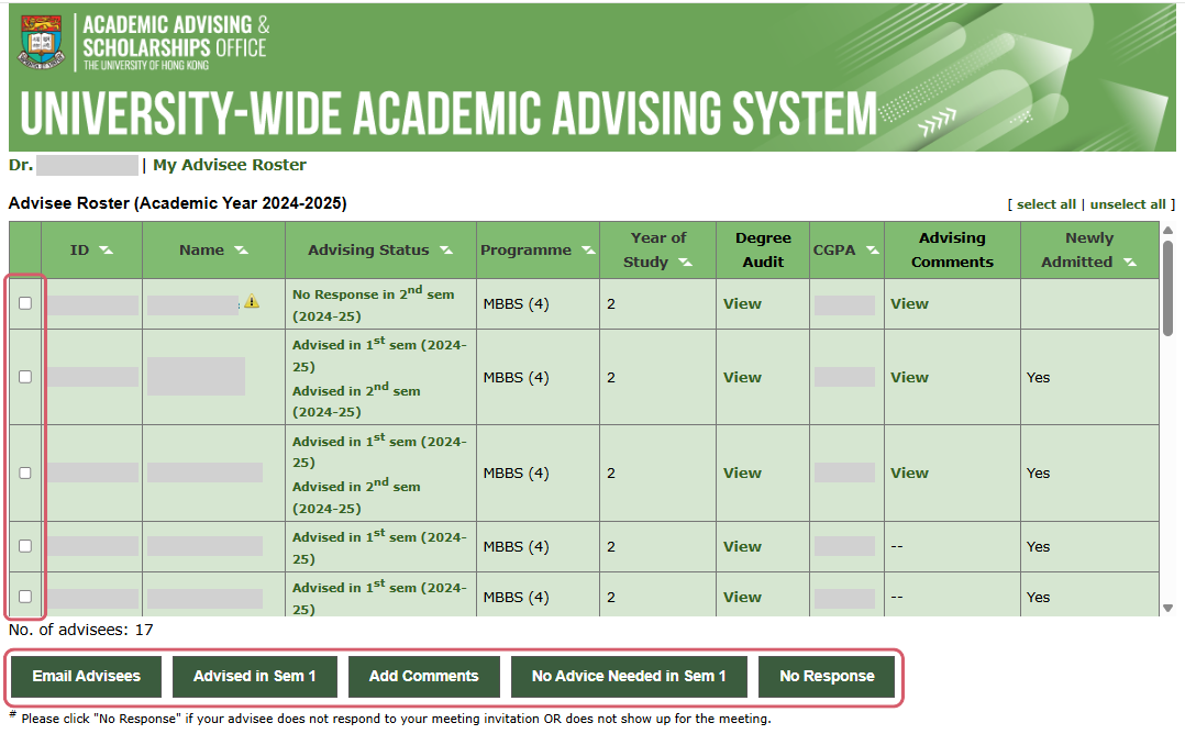 The screenshot of where to click the checkboxes next to your advisees' names to perform an action The screenshot of where to click the checkboxes next to your advisees' names to perform an action
