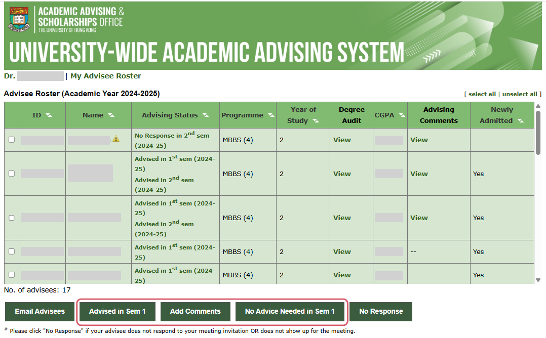 The screenshot of where to update advising status The screenshot of where to update advising status